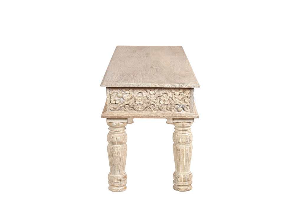 58" Distressed White Solid Wood Floral Dining Bench 5 58" Distressed White Solid Wood Floral Dining Bench - Image 5