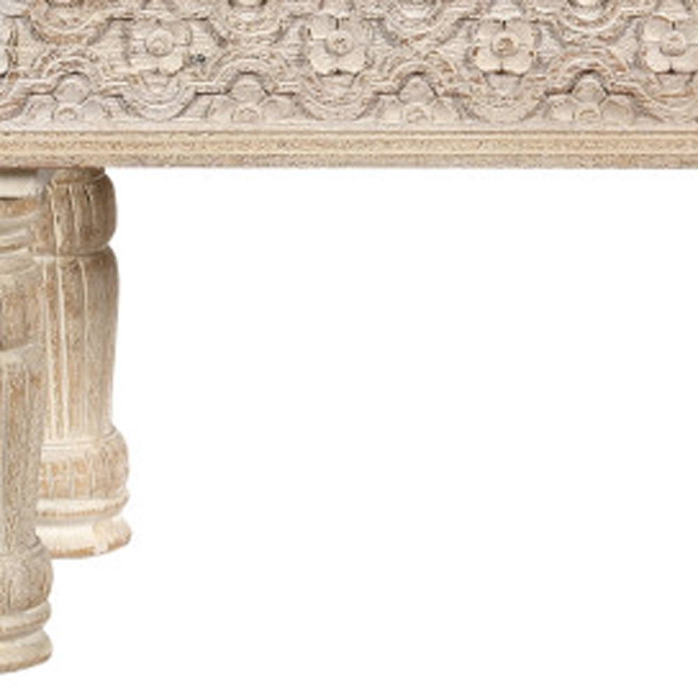 58" Distressed White Solid Wood Floral Dining Bench 6 58" Distressed White Solid Wood Floral Dining Bench - Image 6