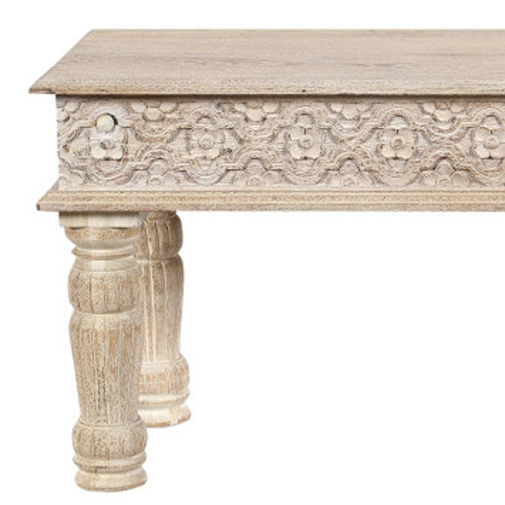 58" Distressed White Solid Wood Floral Dining Bench 7 58" Distressed White Solid Wood Floral Dining Bench - Image 7