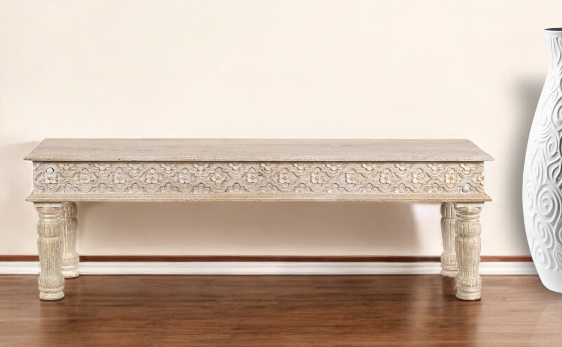 58" Distressed White Solid Wood Floral Dining Bench 2 58" Distressed White Solid Wood Floral Dining Bench - Image 2