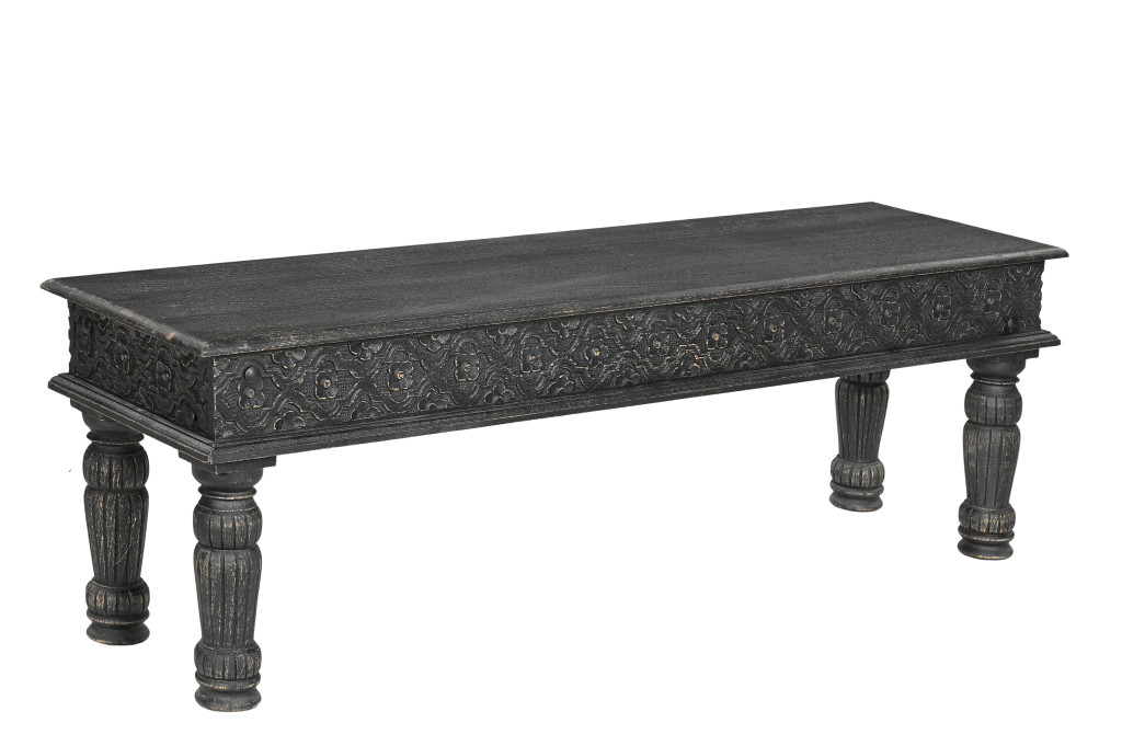58" Distressed Black Floral Solid Wood Dining Bench 2 58" Distressed Black Floral Solid Wood Dining Bench - Image 2
