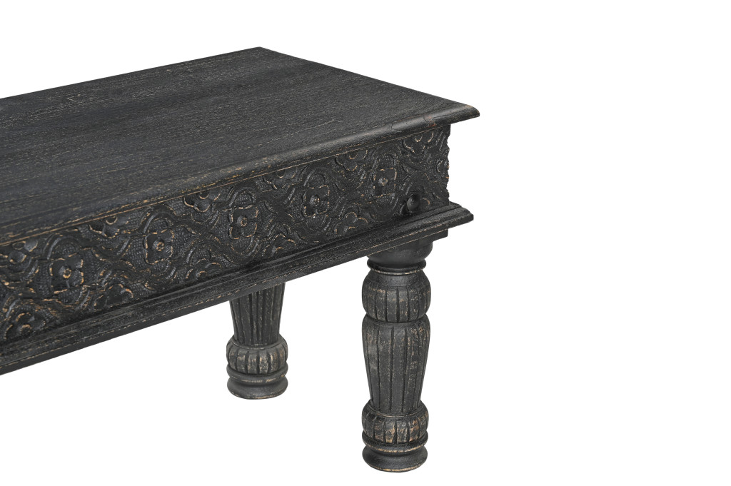 58" Distressed Black Floral Solid Wood Dining Bench 4 58" Distressed Black Floral Solid Wood Dining Bench - Image 4