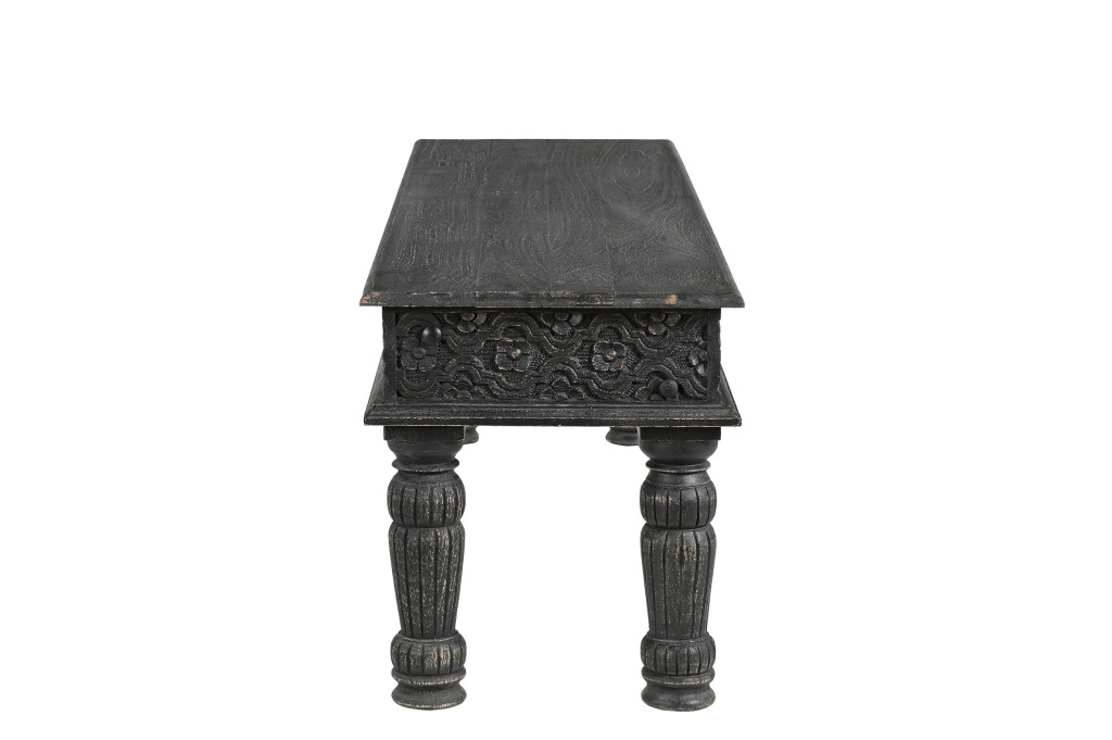 58" Distressed Black Floral Solid Wood Dining Bench 3 58" Distressed Black Floral Solid Wood Dining Bench - Image 3