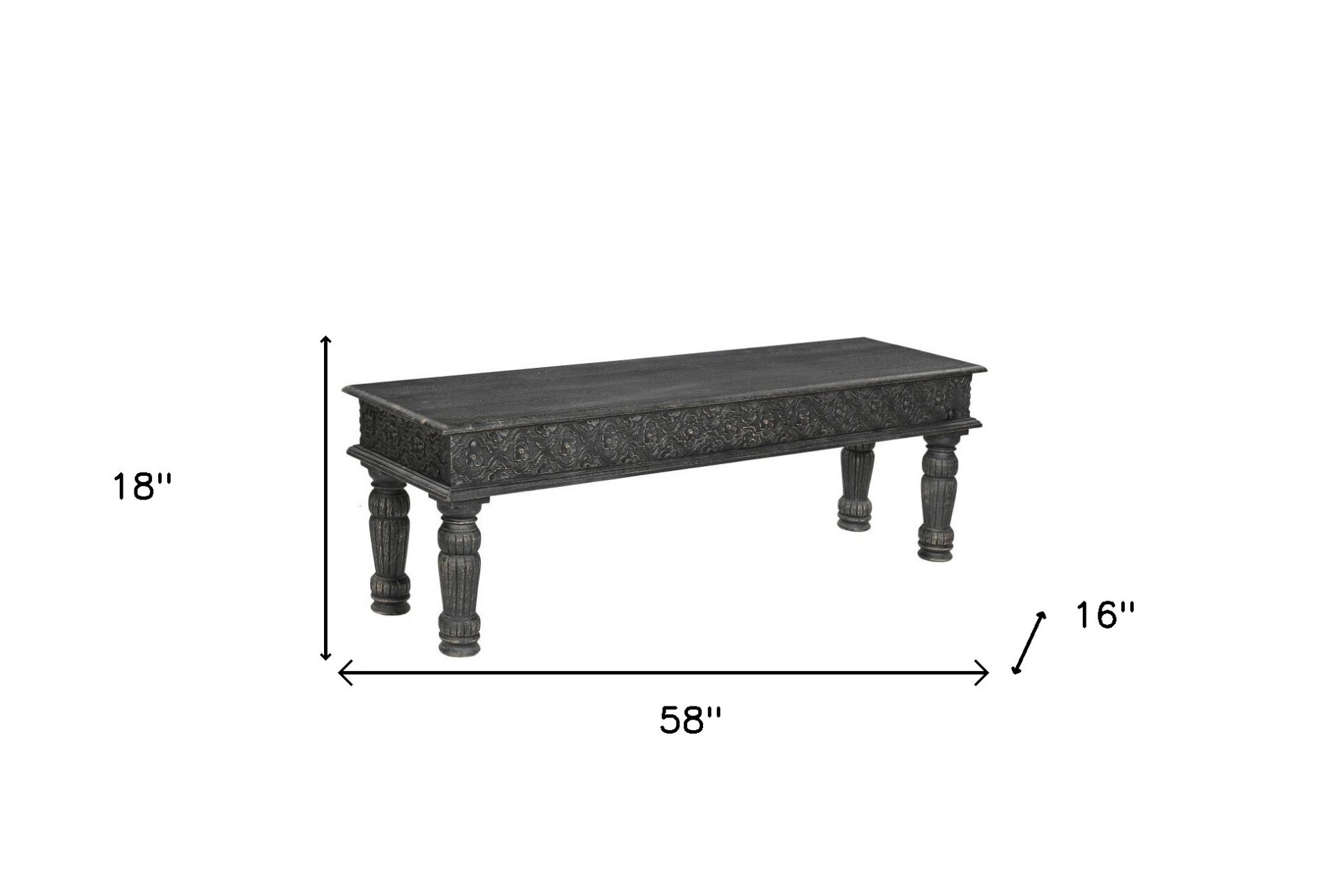 58" Distressed Black Floral Solid Wood Dining Bench 5 58" Distressed Black Floral Solid Wood Dining Bench - Image 5