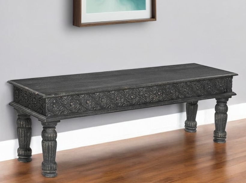 58" Distressed Black Floral Solid Wood Dining Bench 1 58" Distressed Black Floral Solid Wood Dining Bench