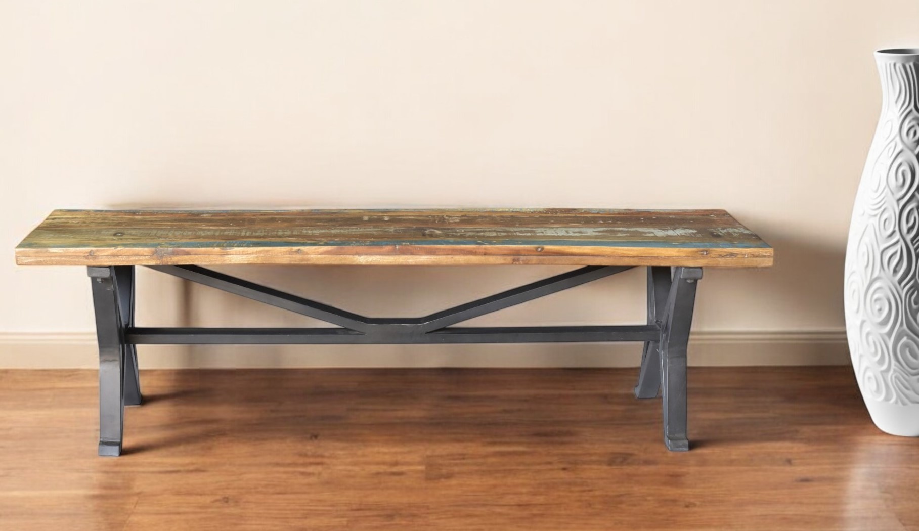 66" Distressed Reclaimed Wood Dining Bench with Black Metal Base 2 66" Distressed Reclaimed Wood Dining Bench with Black Metal Base - Image 2