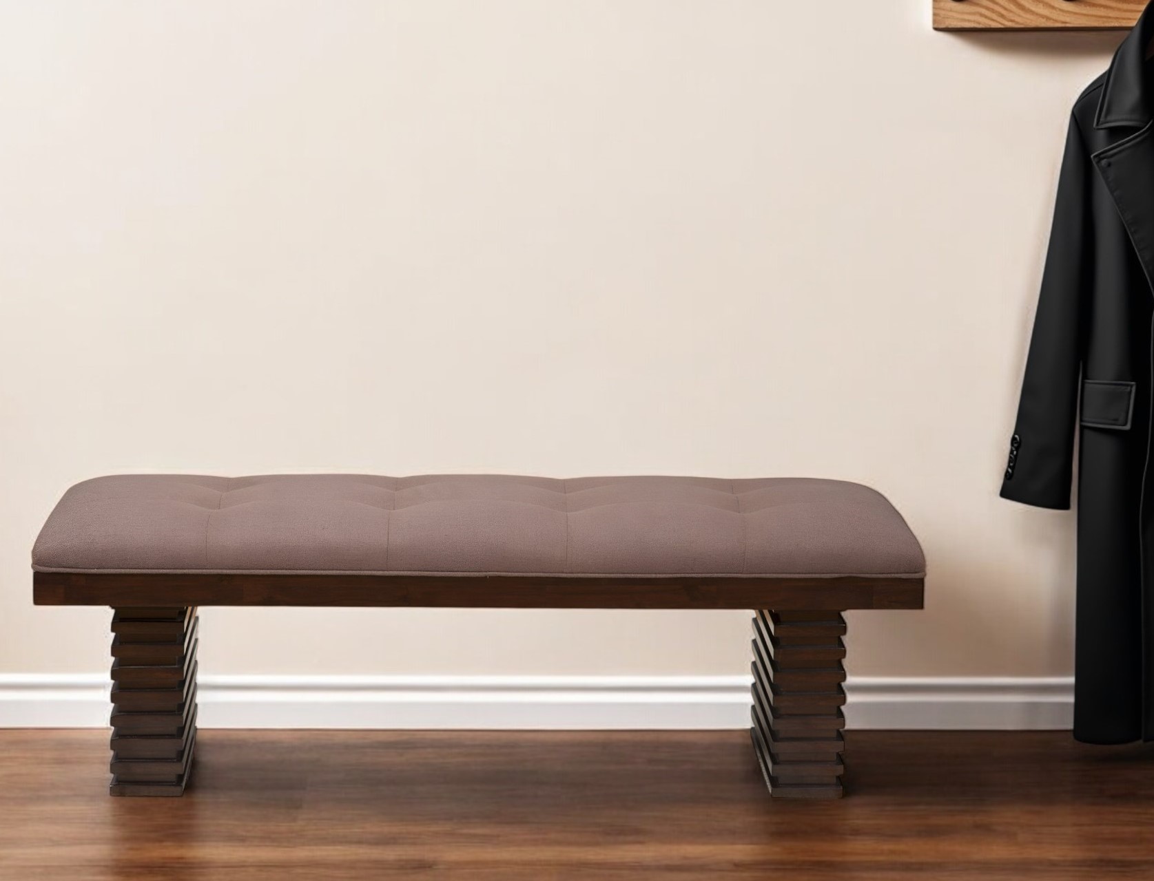 59" Latte and Espresso Linen Blend Upholstered Dining Bench 1 59" Latte and Espresso Linen Blend Upholstered Dining Bench
