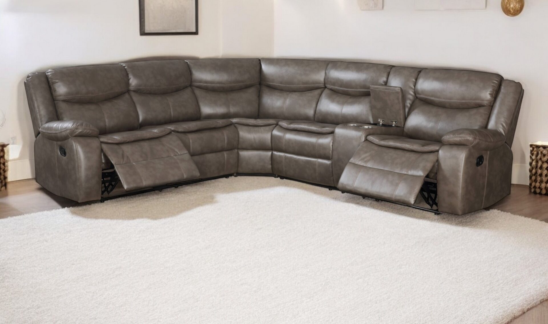 107 Inch Taupe Faux Leather Reclining L Shaped Sectional (6 Piece) 2 107 Inch Taupe Faux Leather Reclining L Shaped Sectional (6 Piece) - Image 2