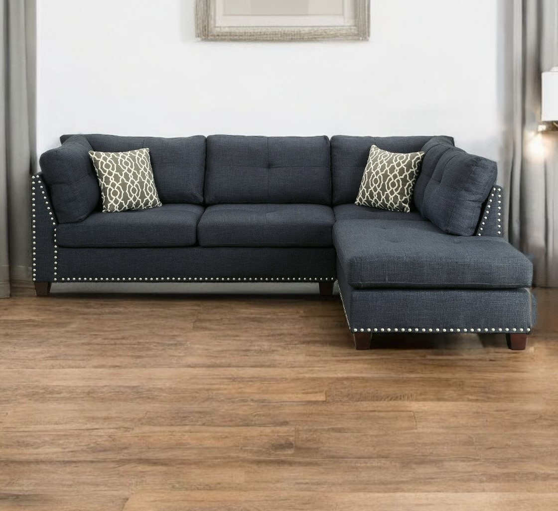 104-Inch Blue Linen L Shaped Sectional with Chaise and Ottoman 2 104-Inch Blue Linen L Shaped Sectional with Chaise and Ottoman - Image 2