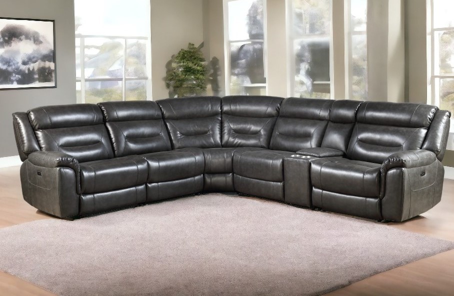 106” Gray Faux Leather Power Reclining L Shaped Sectional (6 Piece) 2 106” Gray Faux Leather Power Reclining L Shaped Sectional (6 Piece) - Image 2
