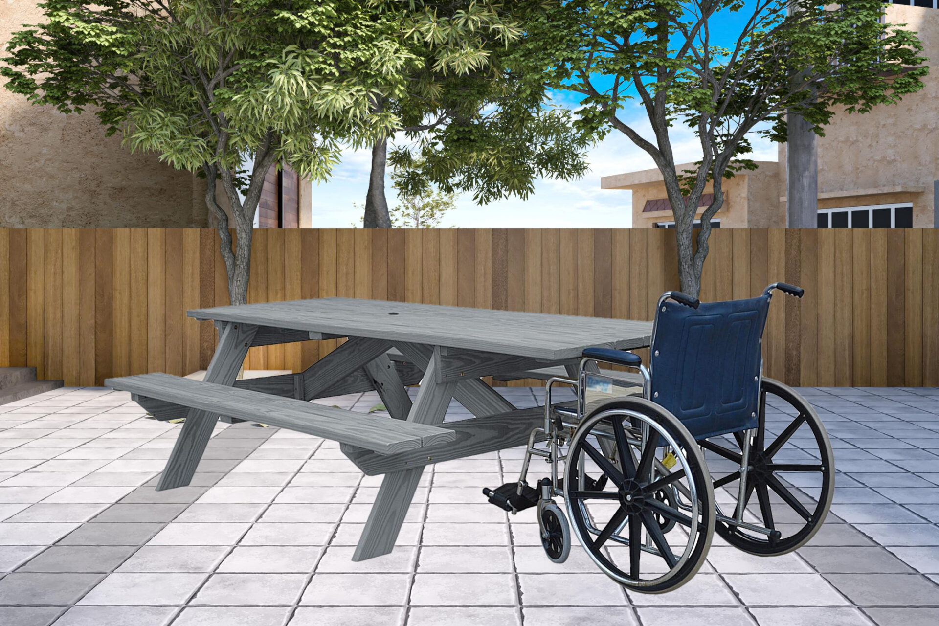 94" Gray Solid Wood Outdoor Picnic Table with Umbrella Hole 4 94" Gray Solid Wood Outdoor Picnic Table with Umbrella Hole - Image 4