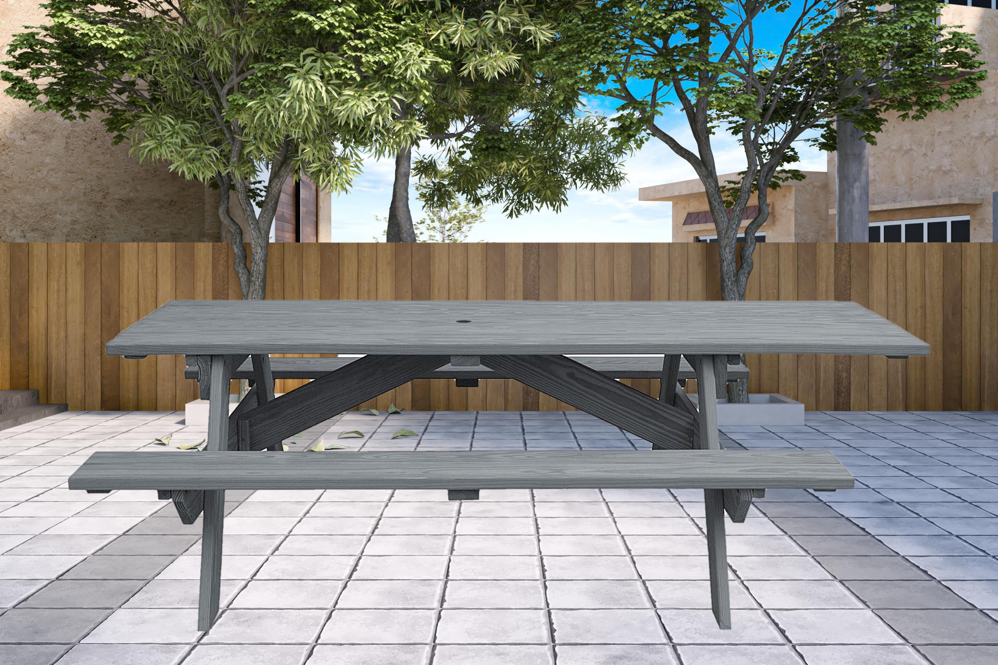 94" Gray Solid Wood Outdoor Picnic Table with Umbrella Hole 9 94" Gray Solid Wood Outdoor Picnic Table with Umbrella Hole