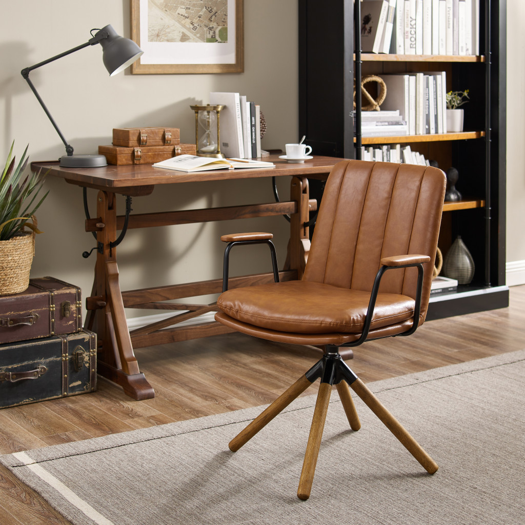23 Inch Carmel Brown Faux Leather Swivel Arm Chair 4 23 Inch Carmel Brown Faux Leather Swivel Arm Chair - Image 4