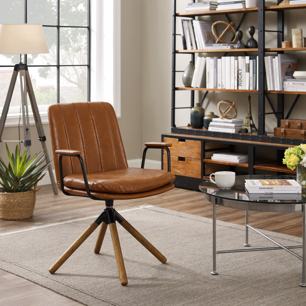 23 Inch Carmel Brown Faux Leather Swivel Arm Chair 5 23 Inch Carmel Brown Faux Leather Swivel Arm Chair - Image 5