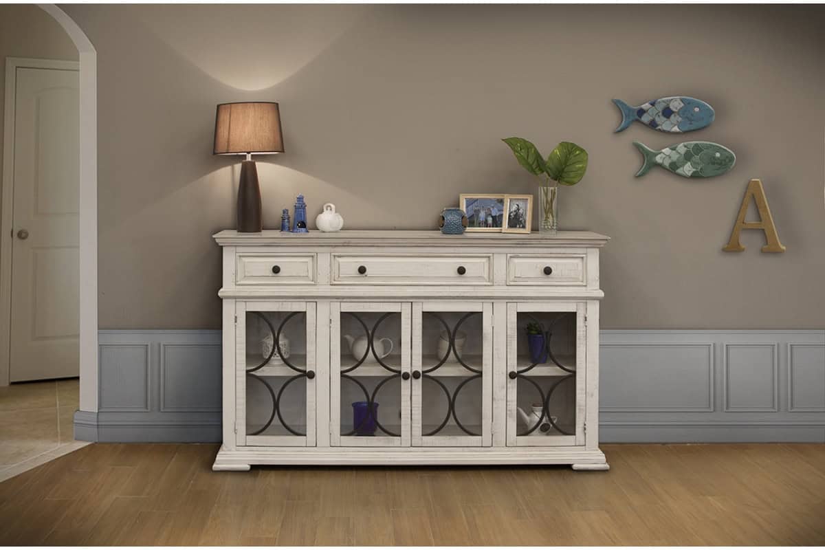 Distressed Ivory Wood Credenza with Shelving and Antique Finish 3 Distressed Ivory Wood Credenza with Shelving and Antique Finish - Image 3