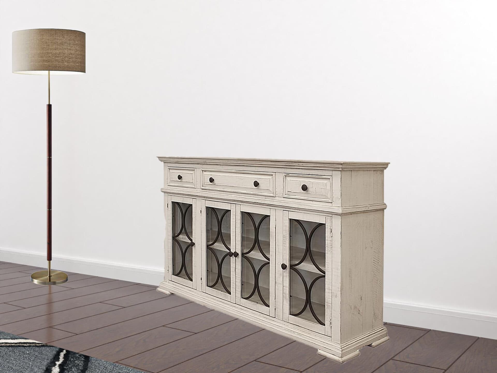 Distressed Ivory Wood Credenza with Shelving and Antique Finish 2 Distressed Ivory Wood Credenza with Shelving and Antique Finish - Image 2