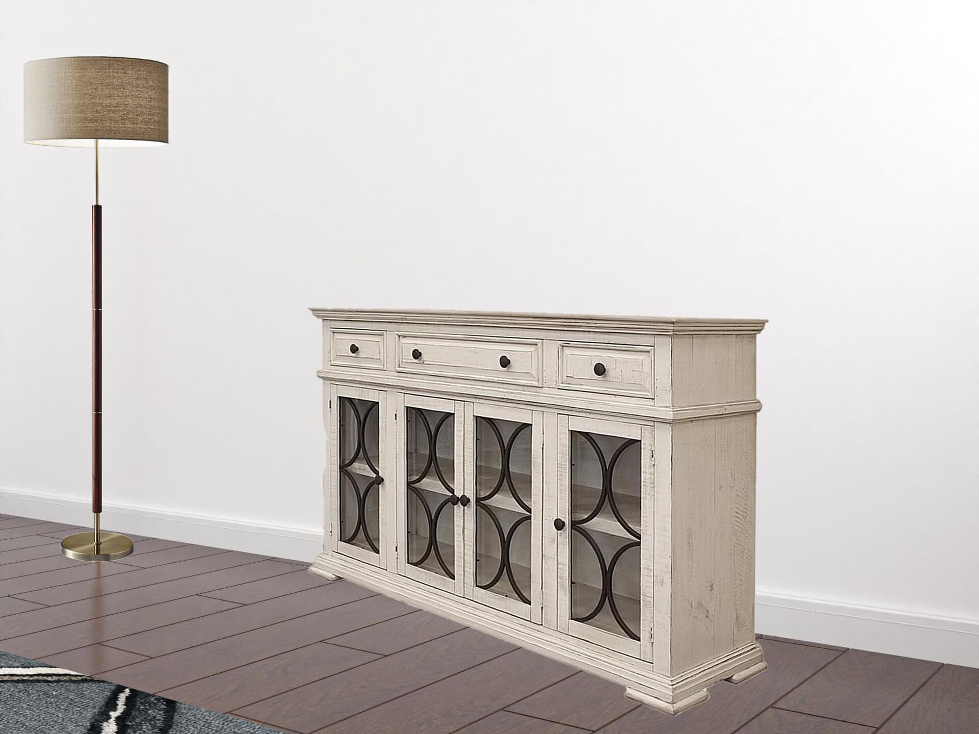 Distressed Ivory Wood Credenza with Shelving and Antique Finish 7 Distressed Ivory Wood Credenza with Shelving and Antique Finish