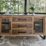 Brown Wood Distressed Buffet Table with Shelving and Storage