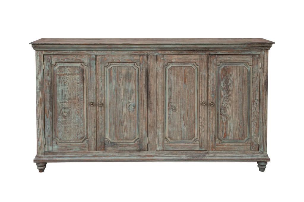 Distressed Green Solid Wood Credenza with Shelving and Storage 1 Distressed Green Solid Wood Credenza with Shelving and Storage