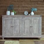 Distressed Driftwood Solid Wood Credenza with Shelving and Storage