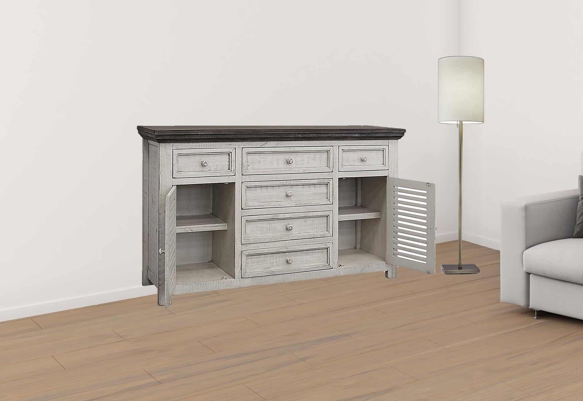 Distressed Antiqued White Buffet Table with Storage and Shelving 2 Distressed Antiqued White Buffet Table with Storage and Shelving - Image 2