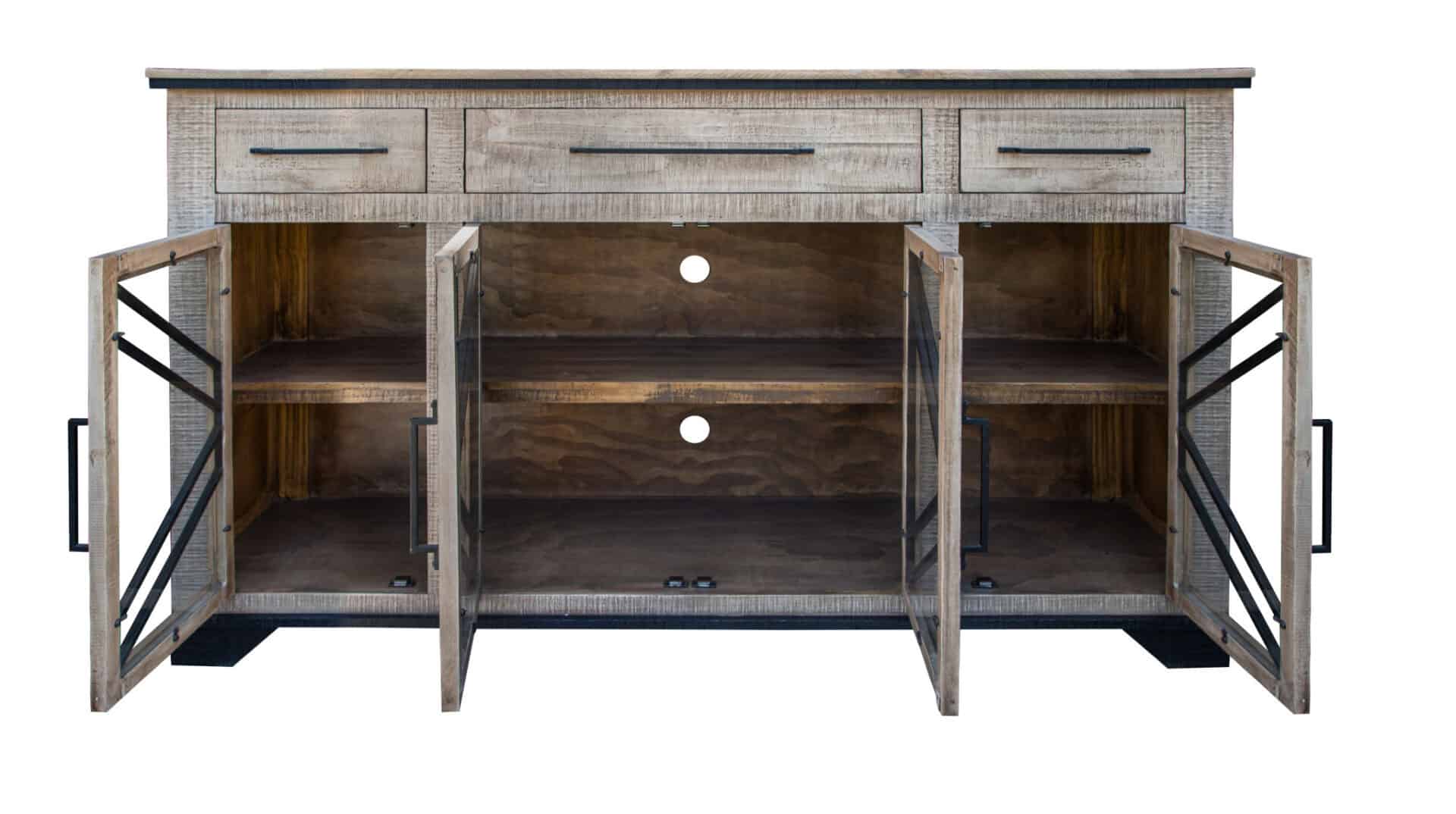 Rustic Distressed Wood Credenza with Shelving and Metal Accents 1 Rustic Distressed Wood Credenza with Shelving and Metal Accents