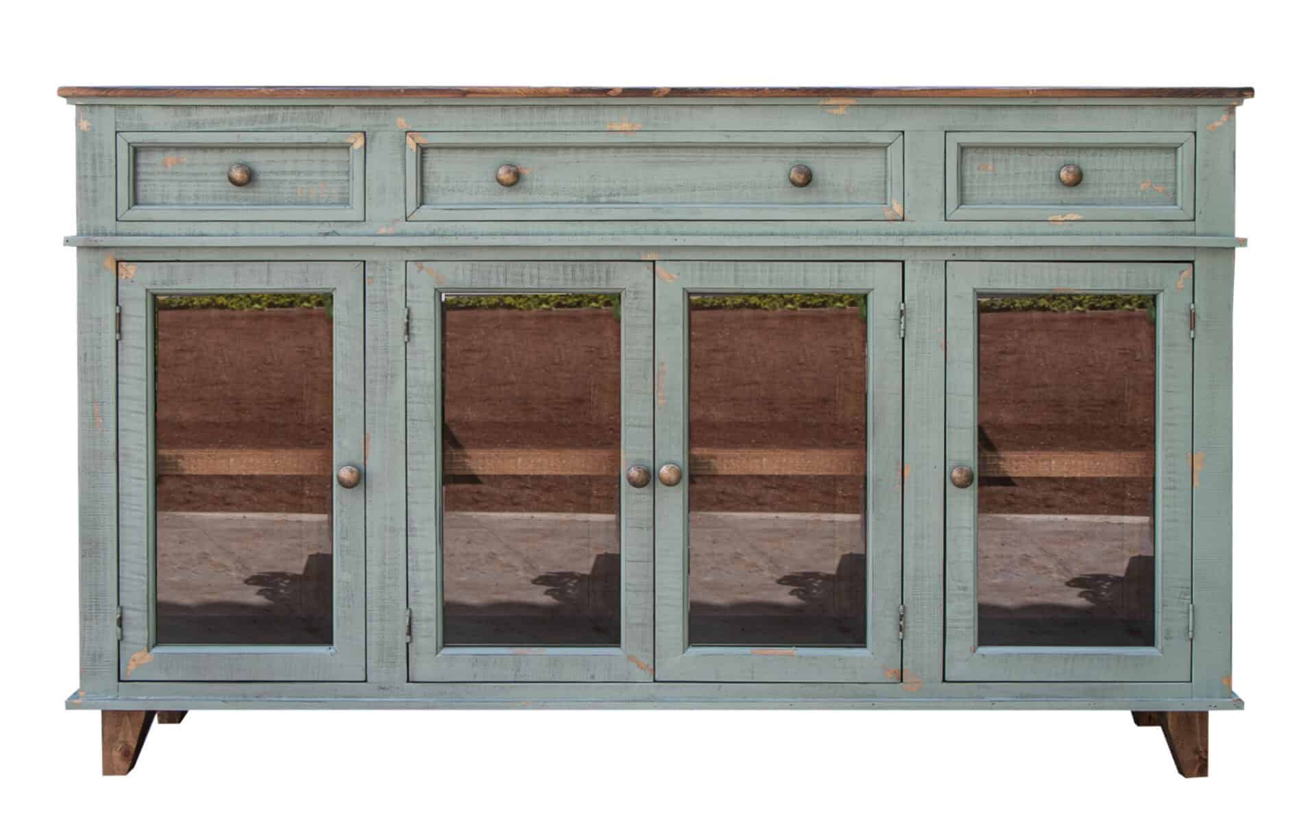 Sage Green Distressed Wood Credenza with Shelving and Storage 2 Sage Green Distressed Wood Credenza with Shelving and Storage - Image 2