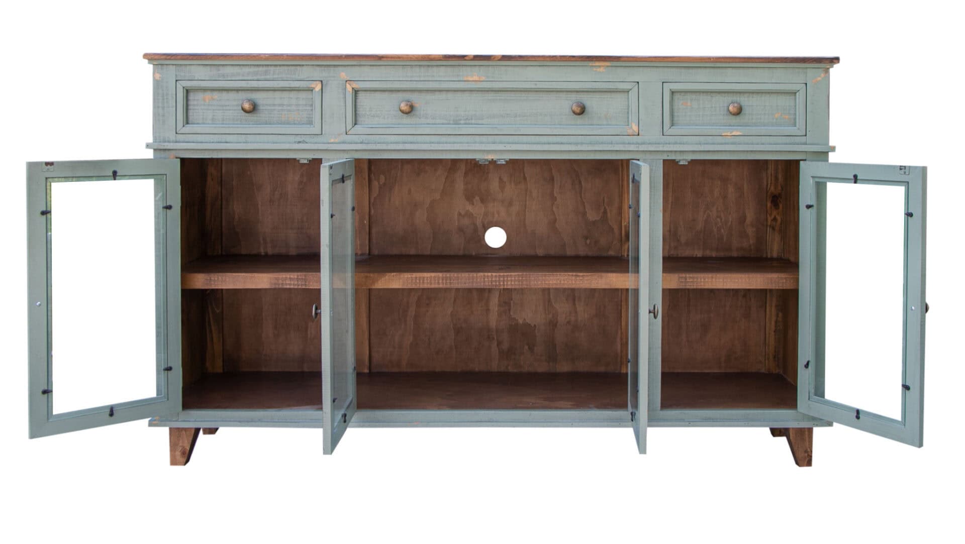 Sage Green Distressed Wood Credenza with Shelving and Storage 1 Sage Green Distressed Wood Credenza with Shelving and Storage