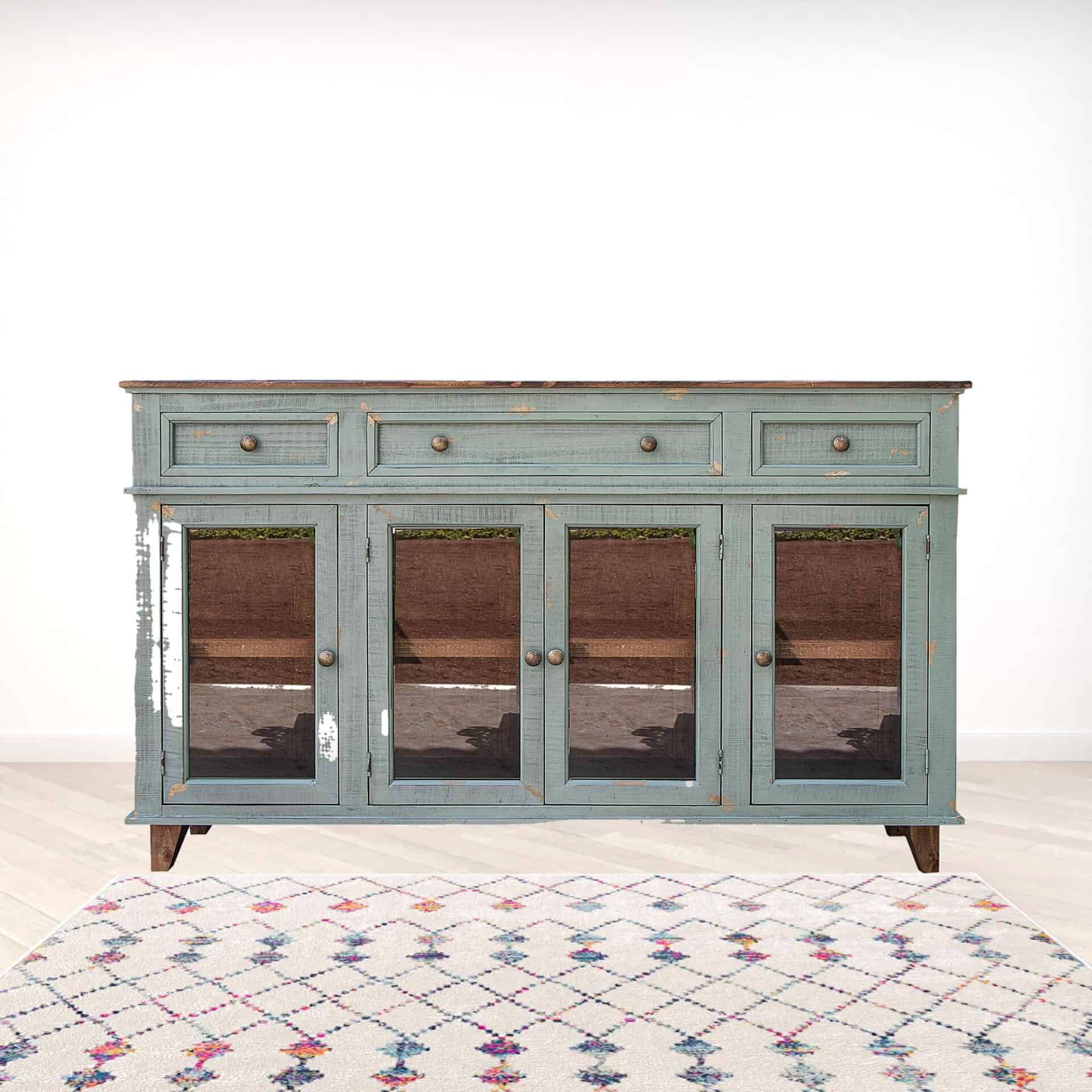 Sage Green Distressed Wood Credenza with Shelving and Storage 3 Sage Green Distressed Wood Credenza with Shelving and Storage - Image 3
