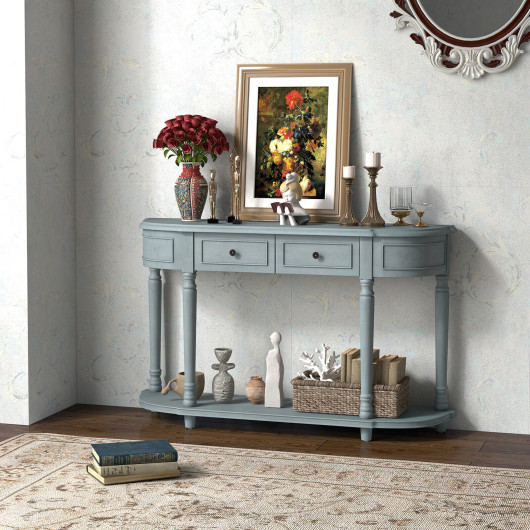 52 Inch Blue Vintage Console Table with Drawers and Shelf