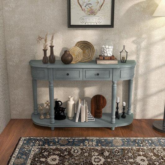 52 Inch Blue Vintage Console Table with Drawers and Shelf - Image 2