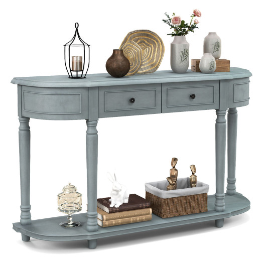 52 Inch Blue Vintage Console Table with Drawers and Shelf - Image 3
