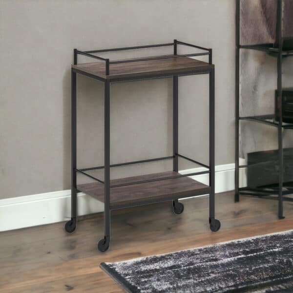 Modern Brown and Black Steel Rolling Bar Cart With Wheels