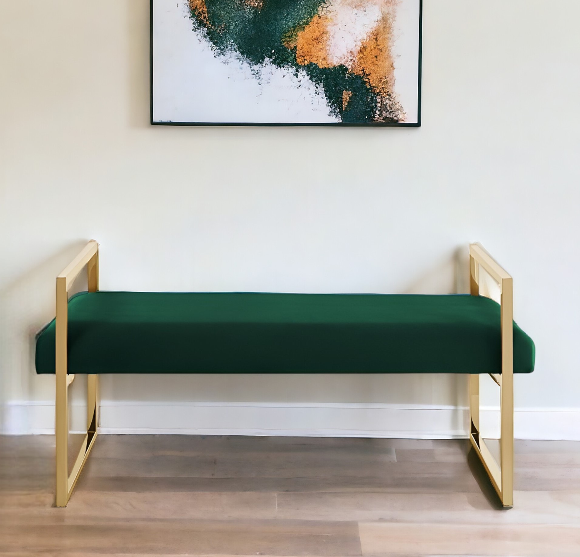 48" Modern Hunter Green Velvet Bench with Gold Base 1 48" Modern Hunter Green Velvet Bench with Gold Base