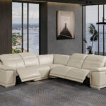 110 Inch Beige Italian Leather Power Reclining U Shaped Sectional