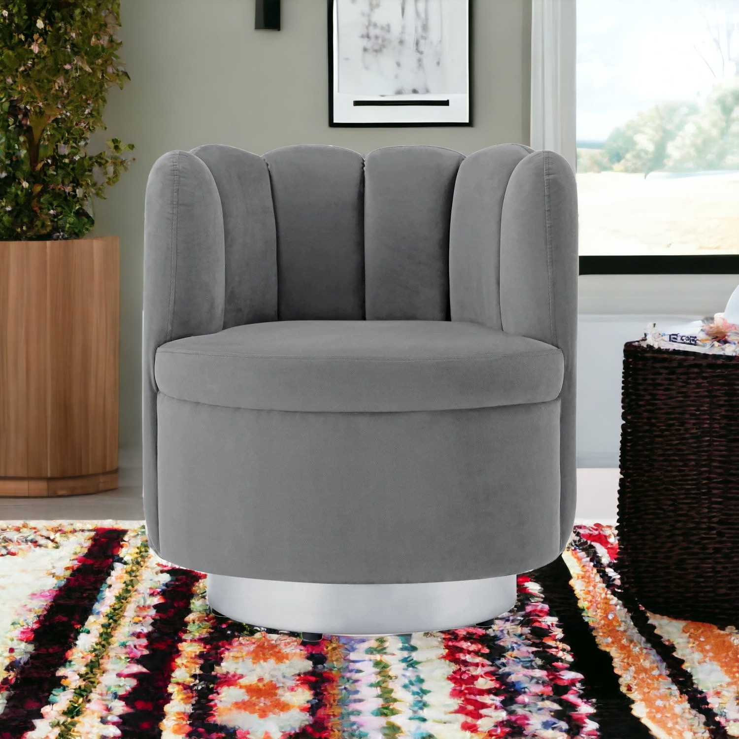 27-Inch Gray Velvet Tufted Swivel Barrel Accent Chair 5 27-Inch Gray Velvet Tufted Swivel Barrel Accent Chair - Image 5