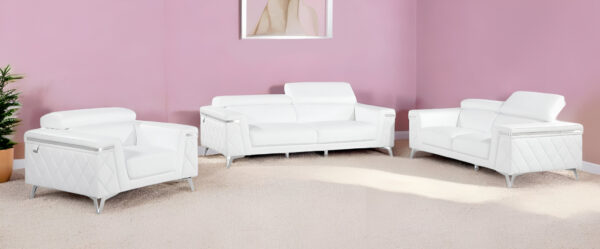 White Top Grain Leather Seating Set for Five, Durable Comfort