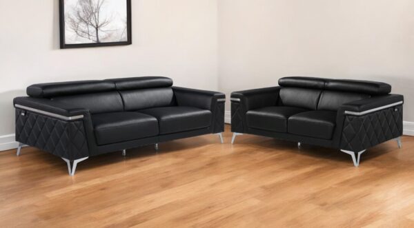 Two-Piece Black Italian Leather Four-Person Sofa Seating Set