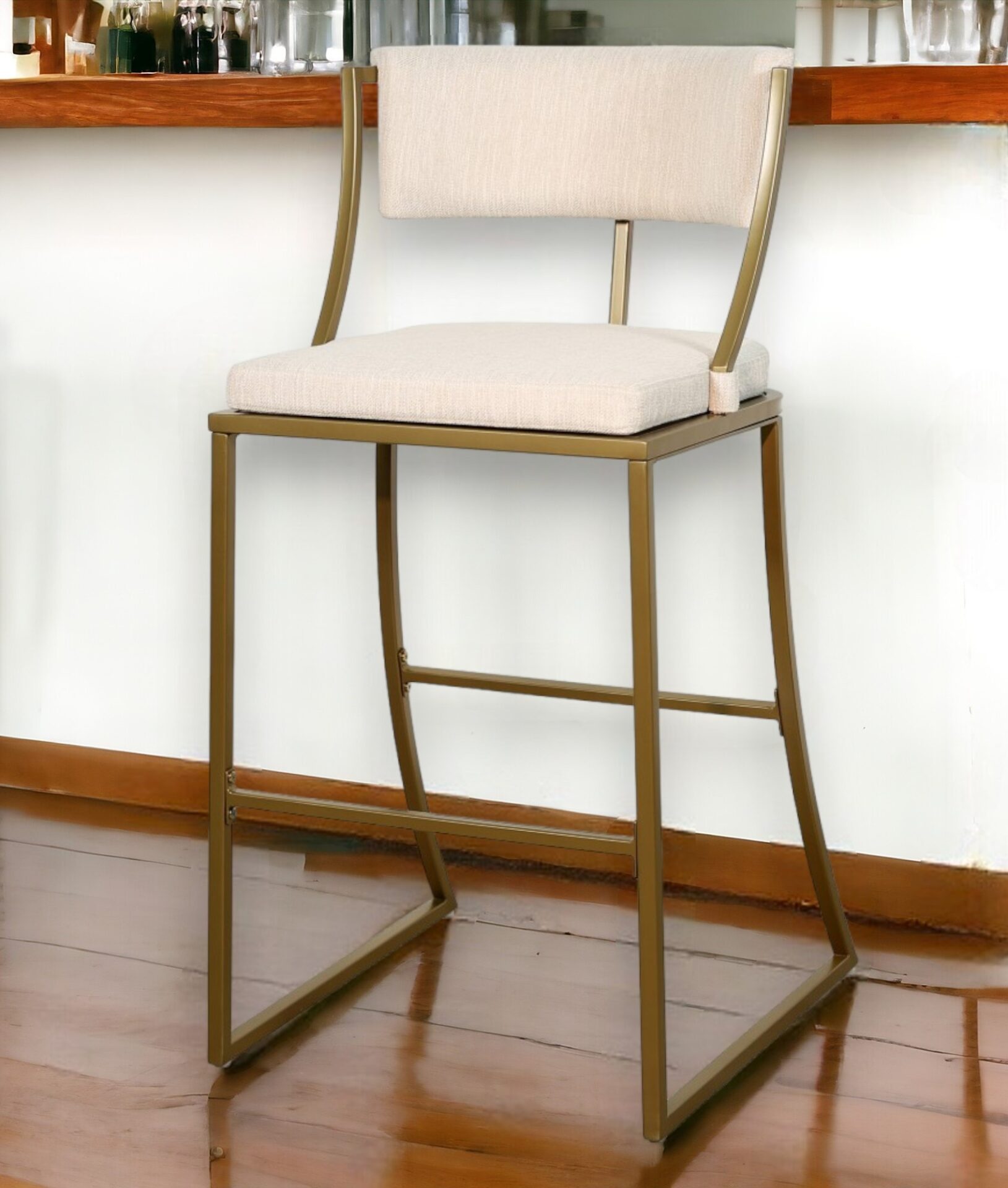 30 Inch Beige and Brass Steel Low Back Bar Stool 2 30 Inch Beige and Brass Steel Low Back Bar Stool - Image 2