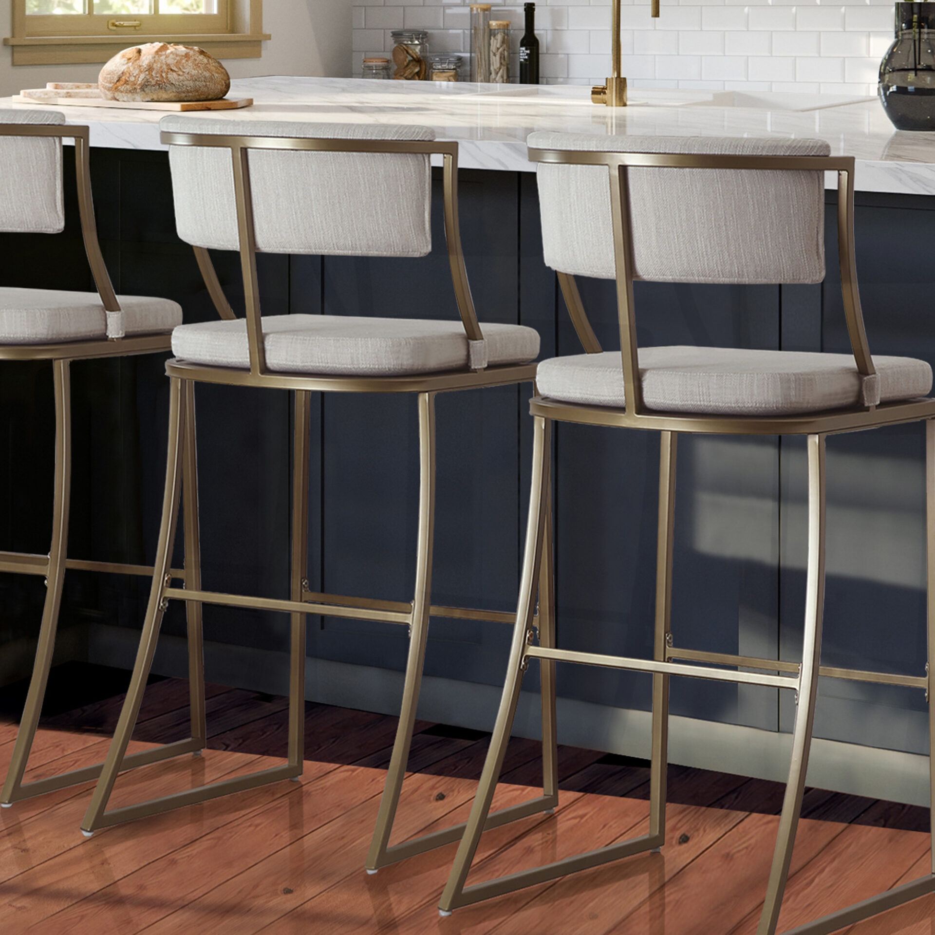 30 Inch Beige and Brass Steel Low Back Bar Stool 7 30 Inch Beige and Brass Steel Low Back Bar Stool - Image 7