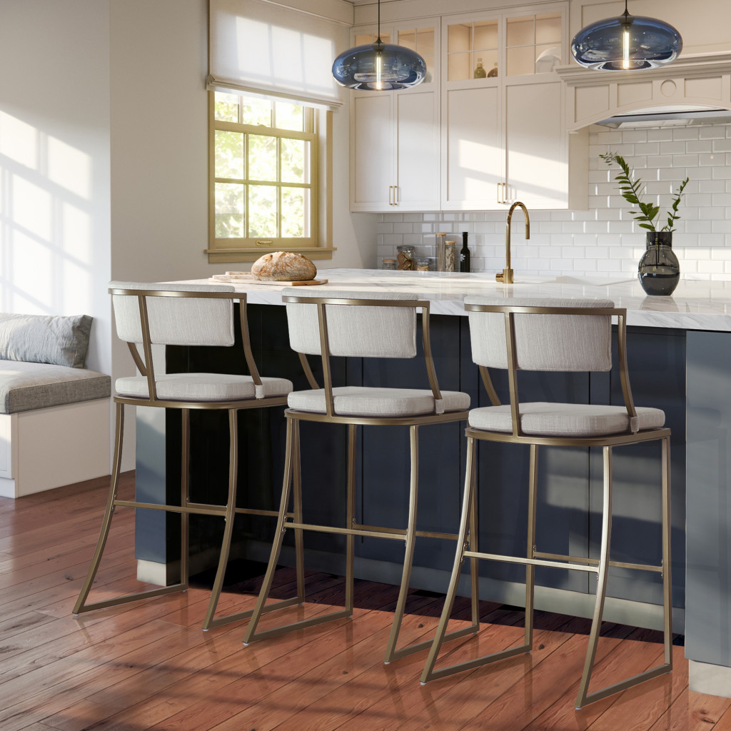 30 Inch Beige and Brass Steel Low Back Bar Stool 8 30 Inch Beige and Brass Steel Low Back Bar Stool - Image 8