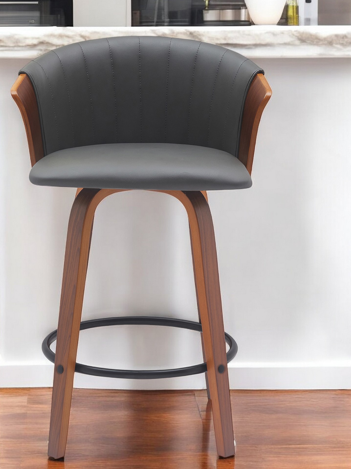 26-Inch Gray and Wood Brown Swivel Faux Leather Bar Stool 1 26-Inch Gray and Wood Brown Swivel Faux Leather Bar Stool