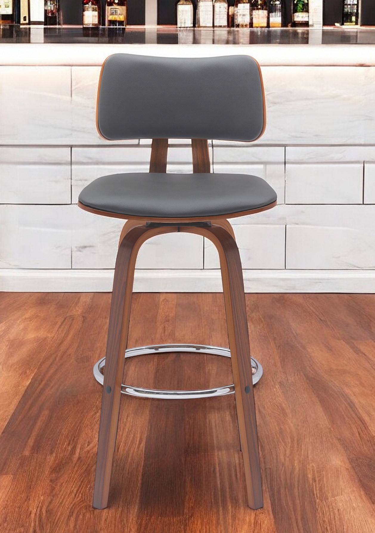 30 Inch Gray and Wood Brown Swivel Faux Leather Bar Stool 1 30 Inch Gray and Wood Brown Swivel Faux Leather Bar Stool