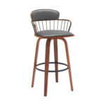 30-Inch Gray and Wood Brown Swivel Faux Leather Bar Stool