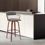 30-Inch Gray and Wood Brown Swivel Faux Leather Bar Stool