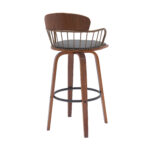 30-Inch Gray and Wood Brown Swivel Faux Leather Bar Stool