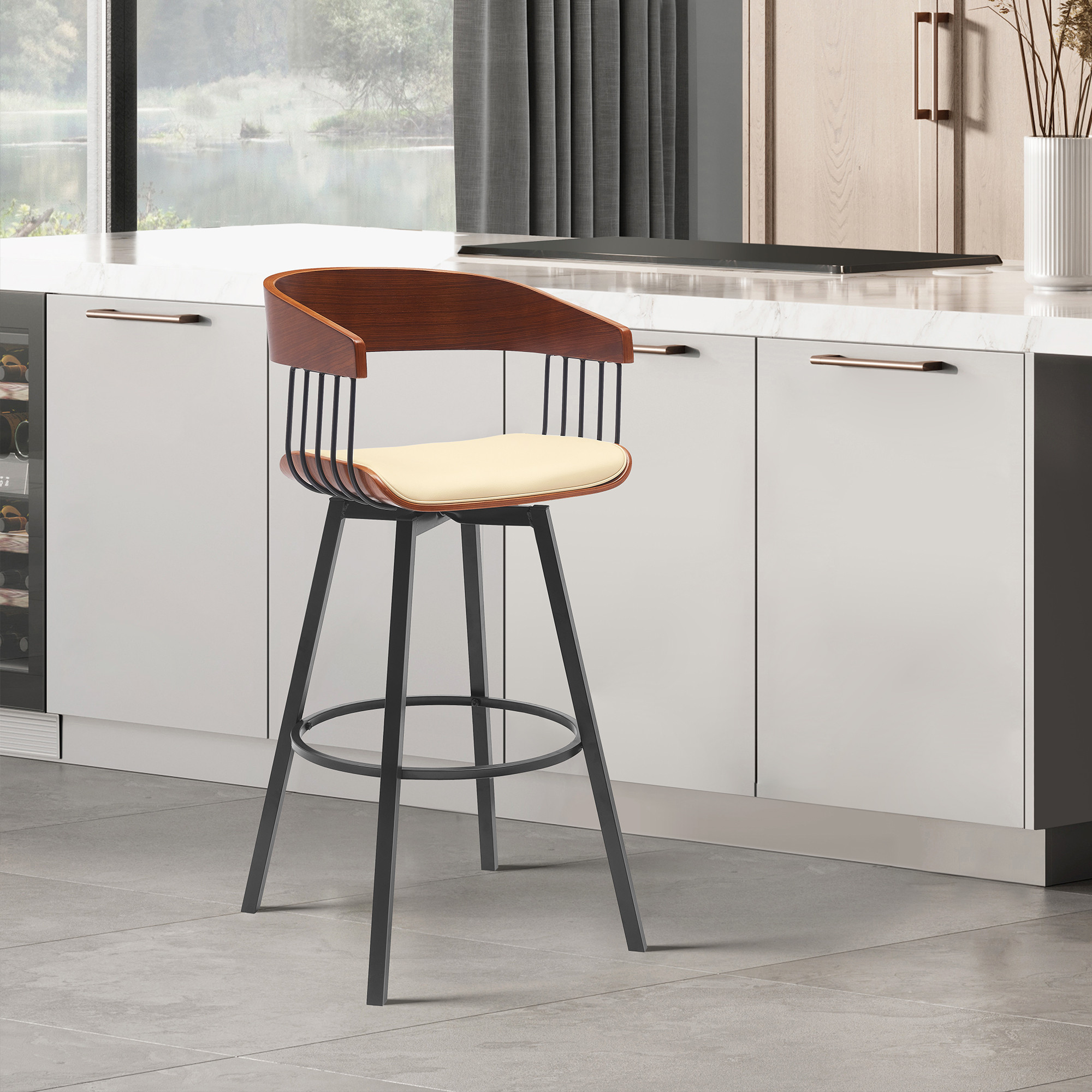 27-Inch Cream and Black Swivel Faux Leather Bar Stool 9 27-Inch Cream and Black Swivel Faux Leather Bar Stool - Image 9