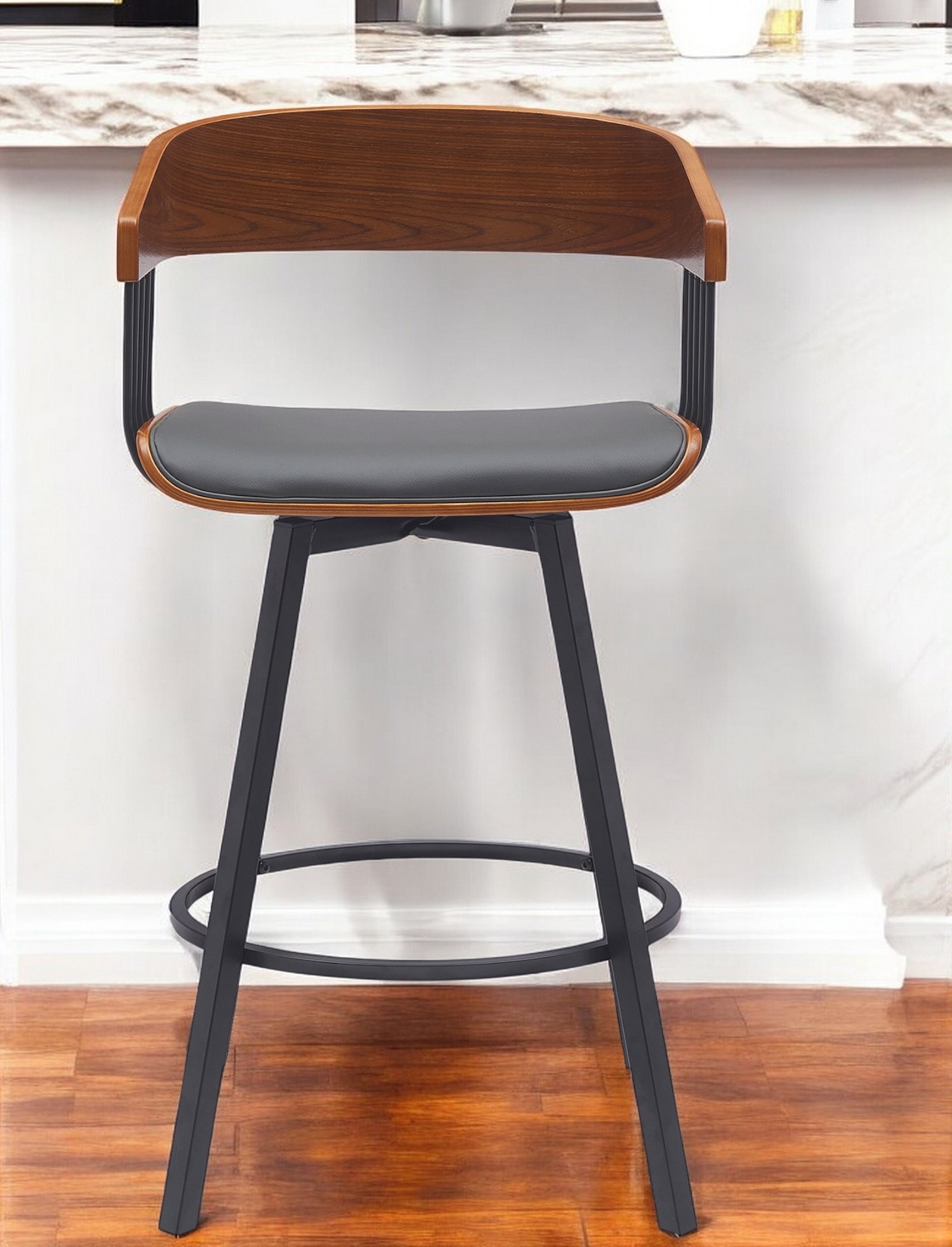 27-Inch Gray and Black Swivel Faux Leather Bar Stool 1 27-Inch Gray and Black Swivel Faux Leather Bar Stool