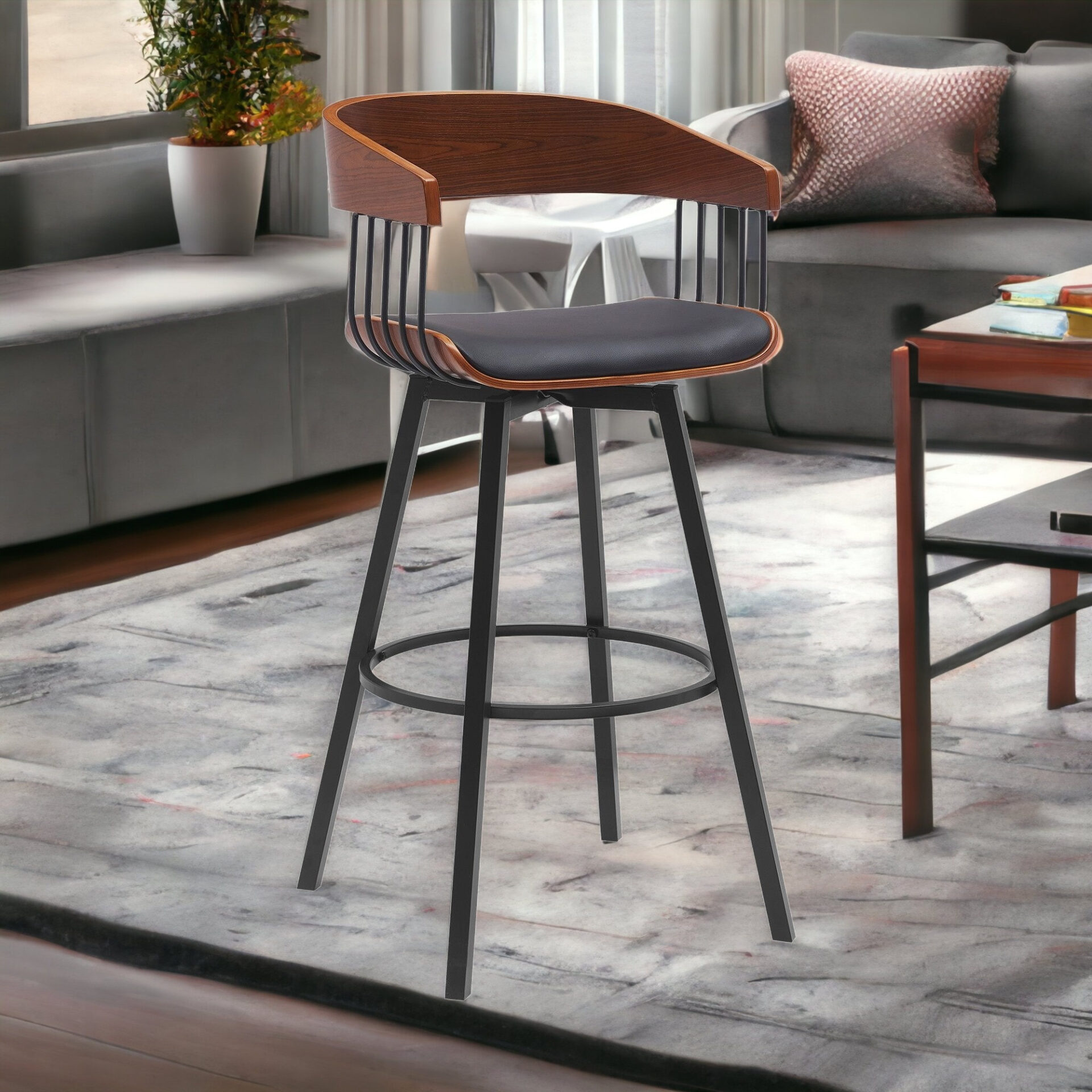31-Inch Black Faux Leather Swivel Bar Stool With Armrests 3 31-Inch Black Faux Leather Swivel Bar Stool With Armrests - Image 3