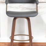 26 Inch Gray and Wood Brown Swivel Faux Leather Bar Stool
